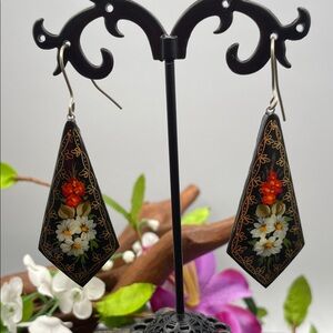 Russian lacquer floral pierced earrings vintage